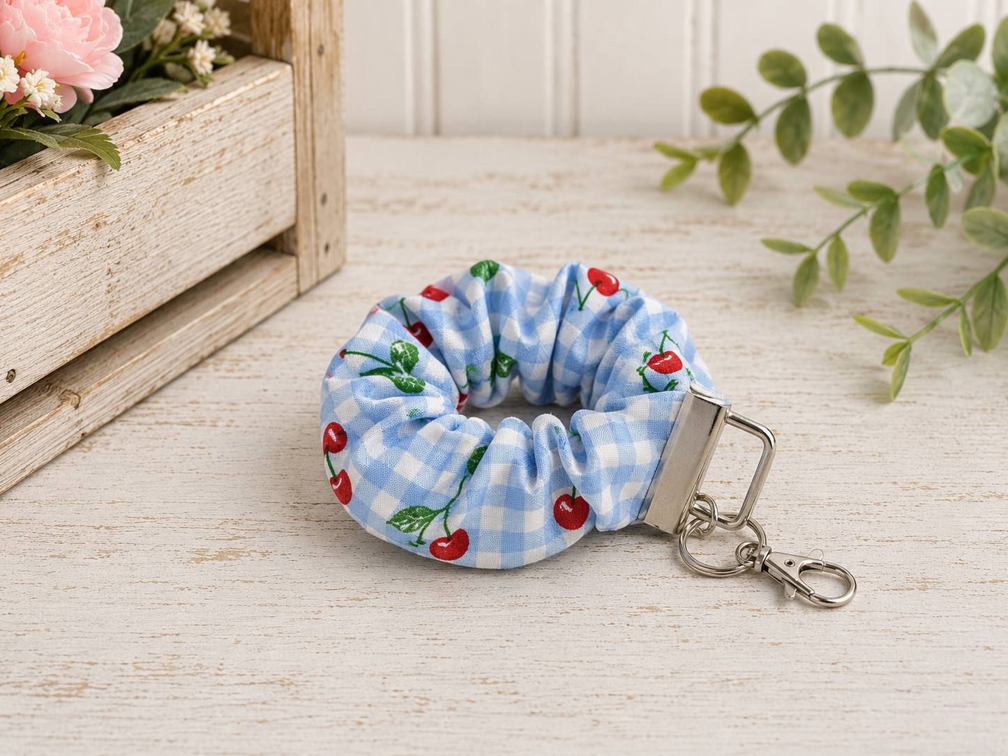 Cherries and Gingham Scrunch Keychain Wristlet