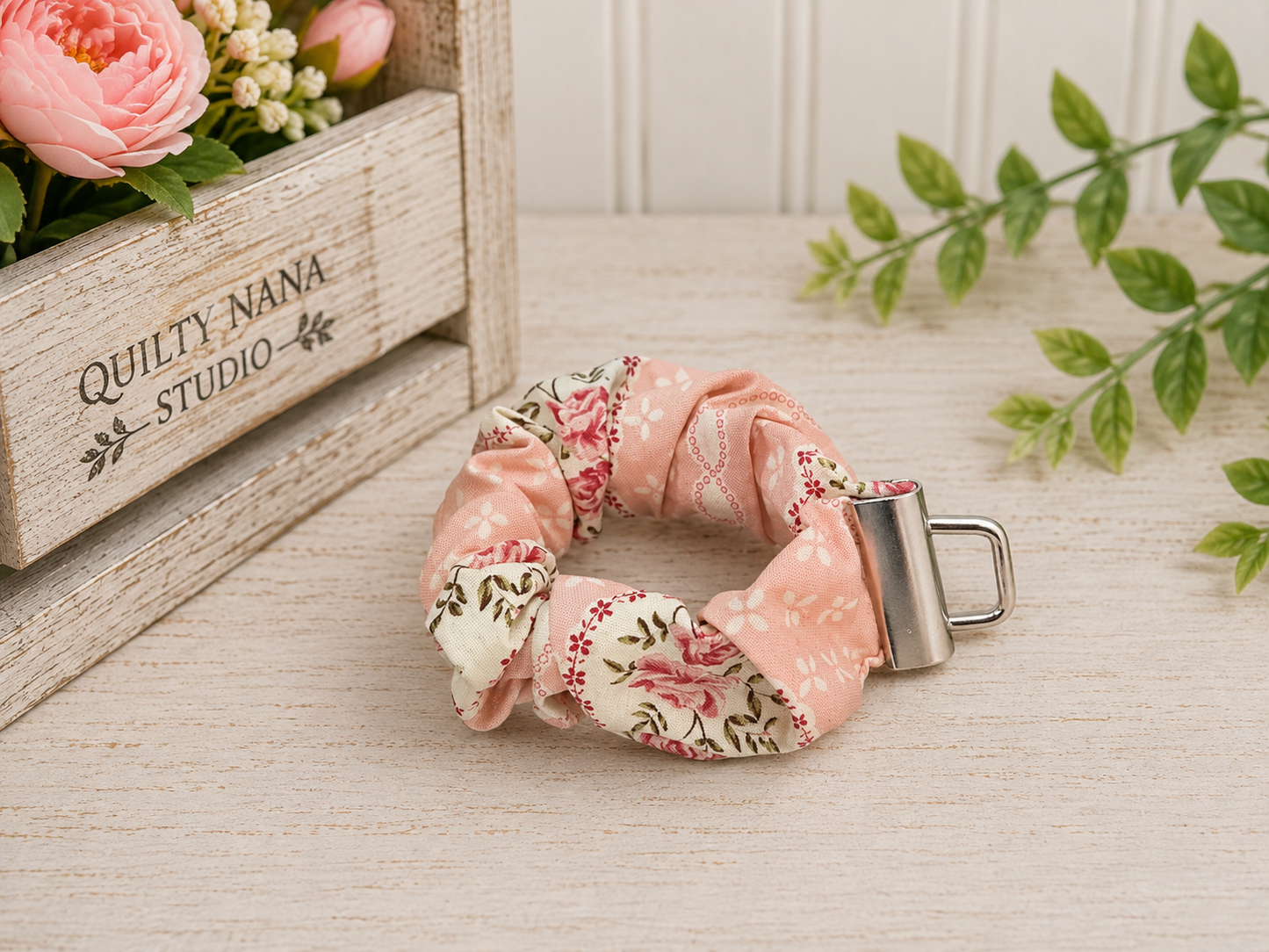 Pink and Roses Scrunch Keychain Wristlet