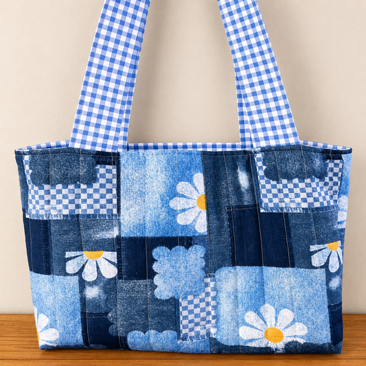 Blue Daisy Patchwork Quilted  Large Tote Bag