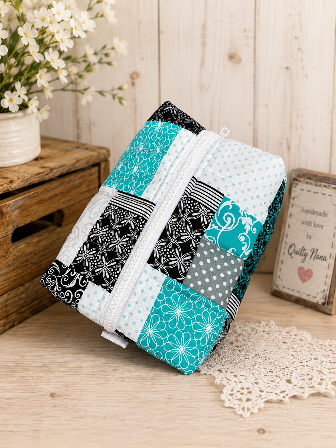 Teal Patchwork Charm Boxy Organizer