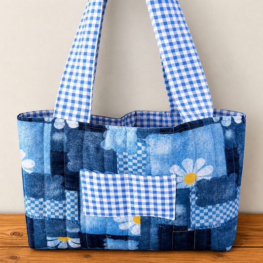 Blue Daisy Patchwork Quilted  Large Tote Bag