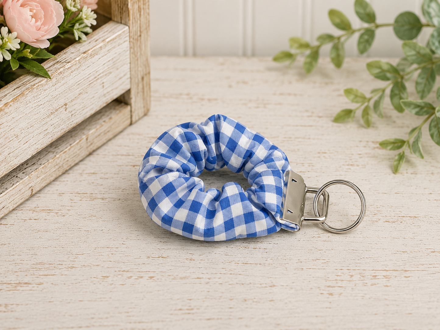 Blue Gingham Scrunch Keychain Wristlet
