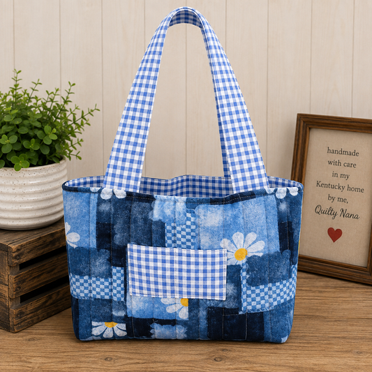 Blue Daisy Patchwork Quilted  Large Tote Bag