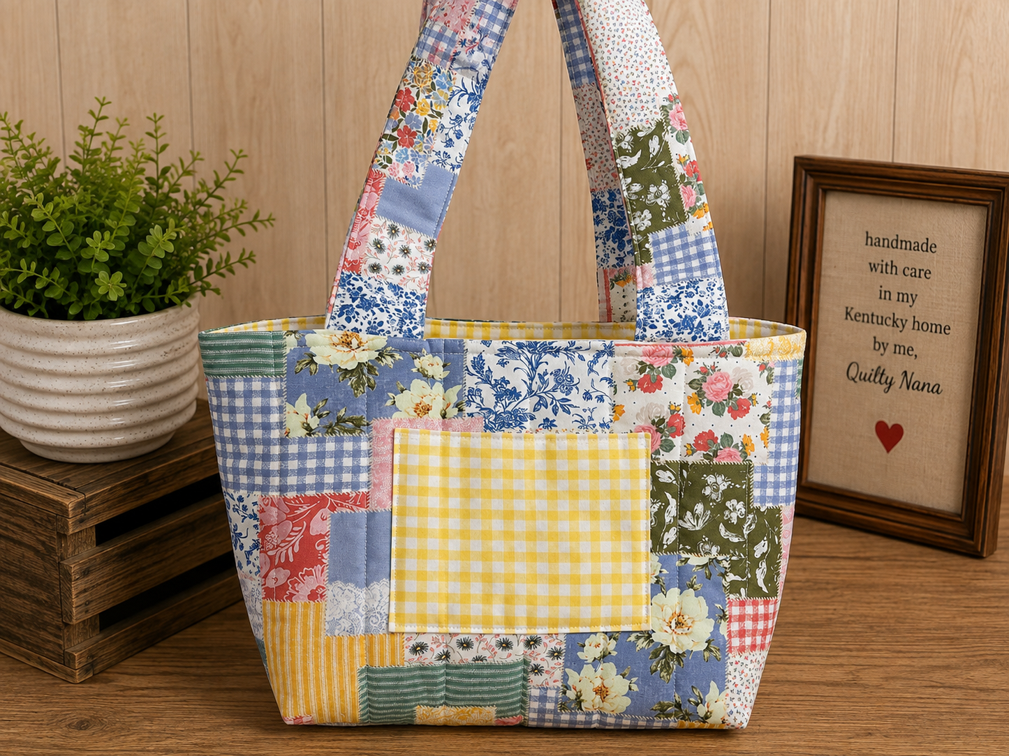 Patchwork Blooms Tote w/Yellow Liner