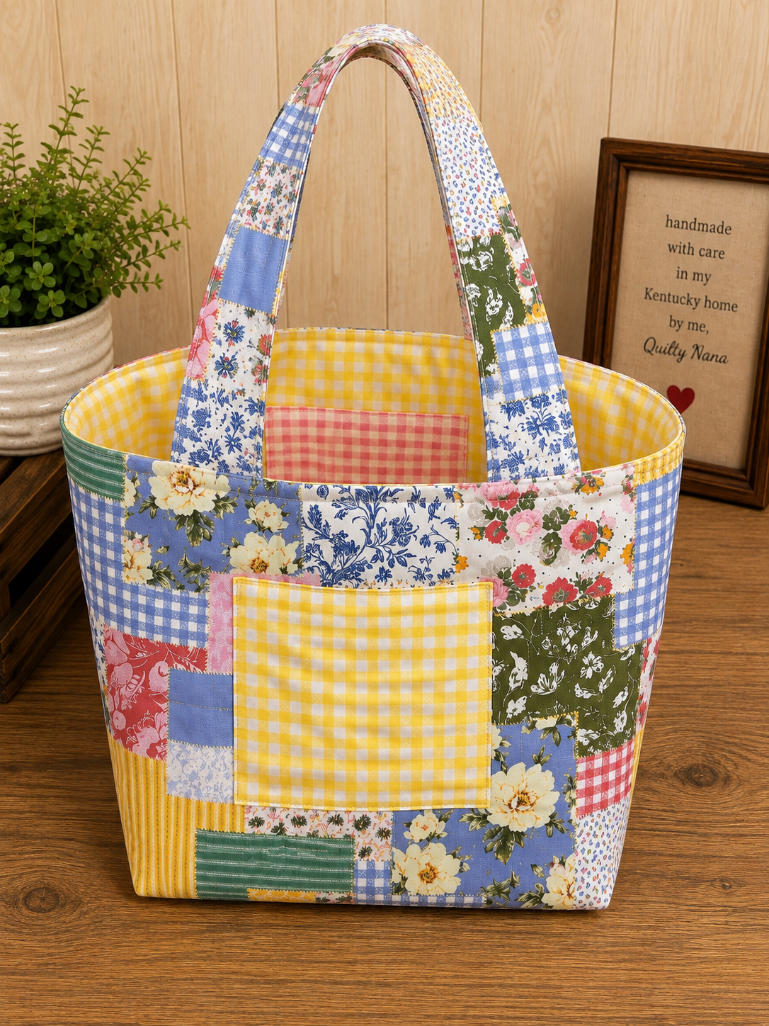 Patchwork Blooms Tote w/Yellow Liner