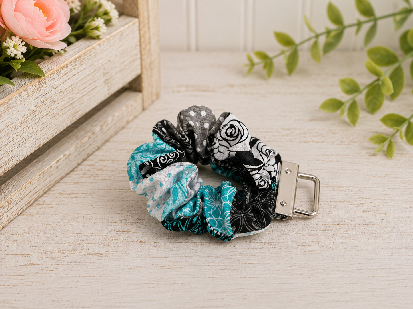 Teal and Black Scrunch Keychain Wristlet